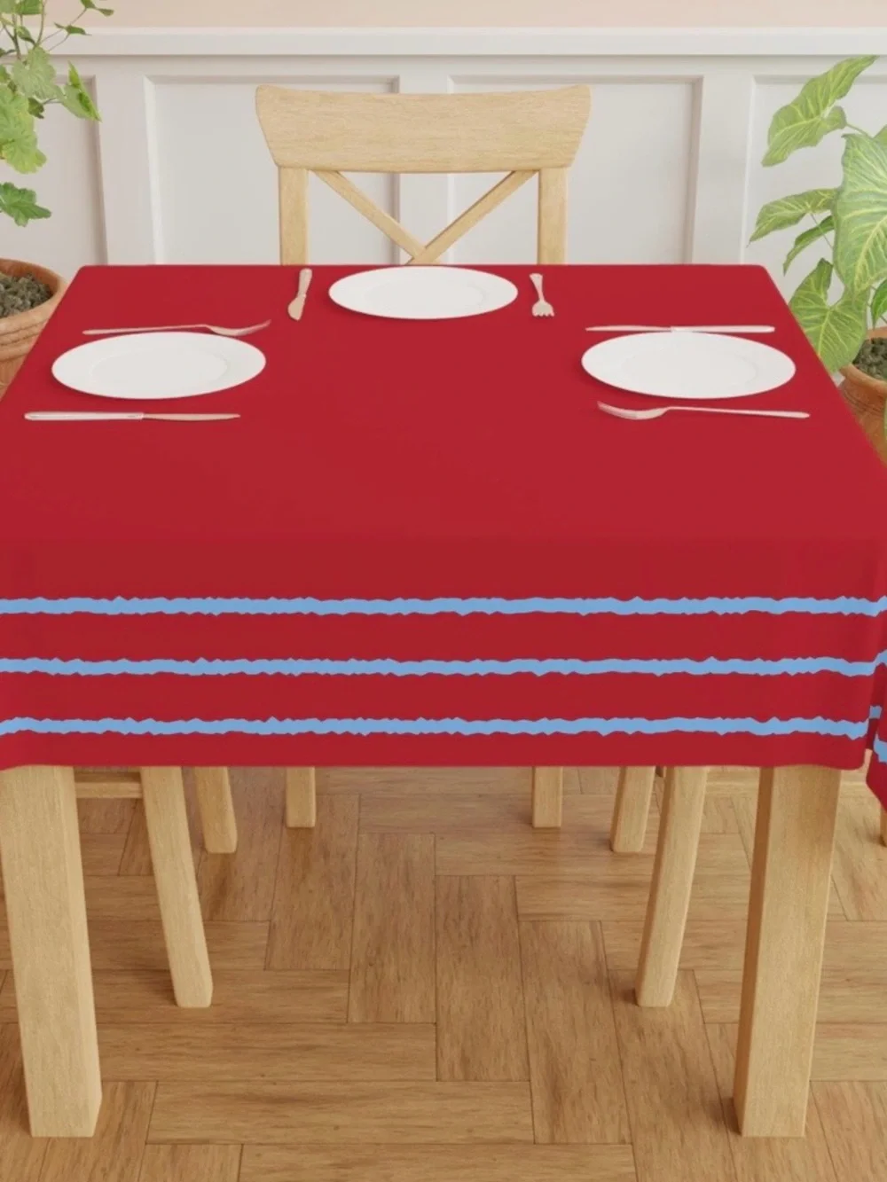 Red Tablecloth with Light Blue Stripe Accent - Home Dining